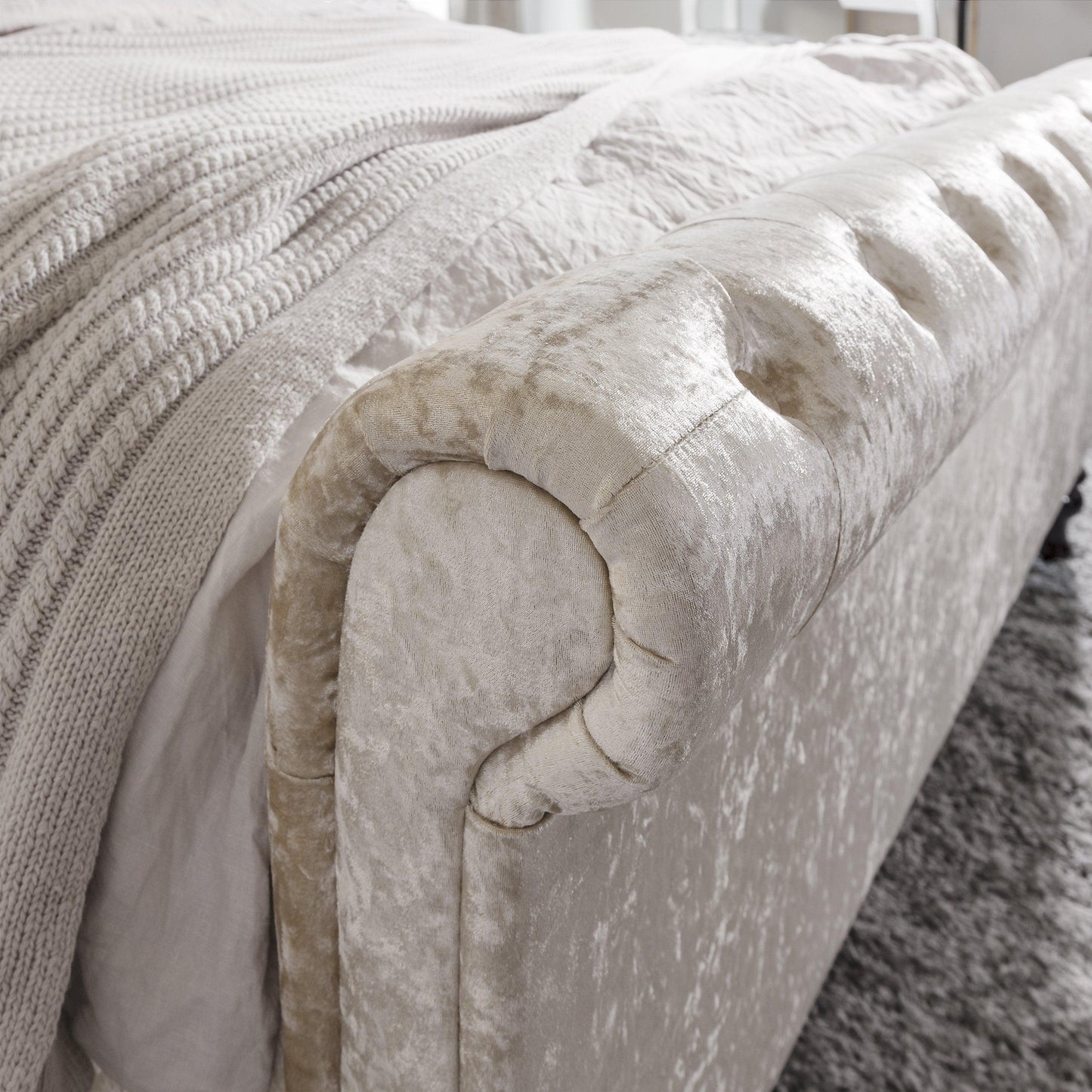 King Size Crushed Velvet Sleigh Bed Frame - Champagne - Laura James