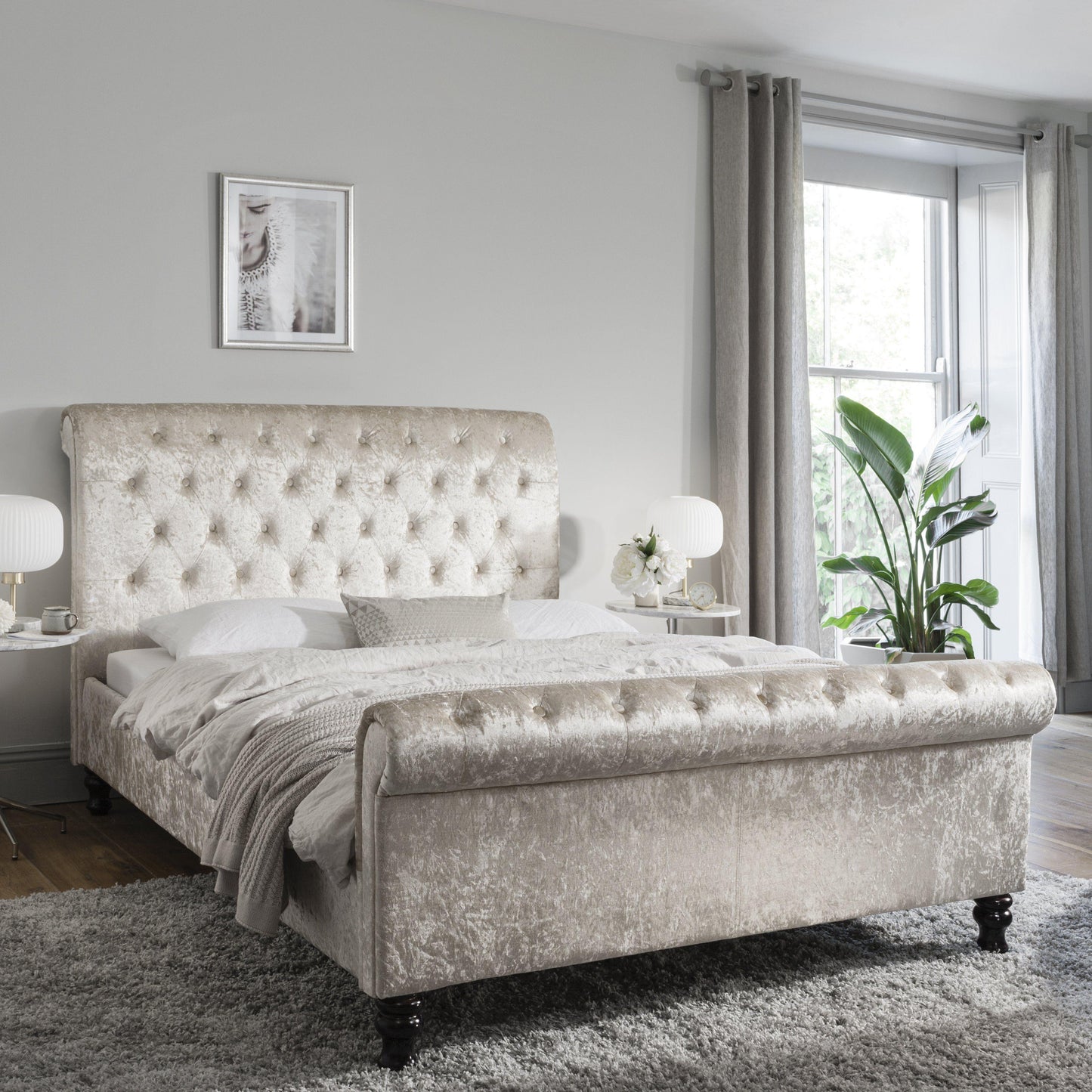 King Size Crushed Velvet Sleigh Bed Frame - Champagne - Laura James