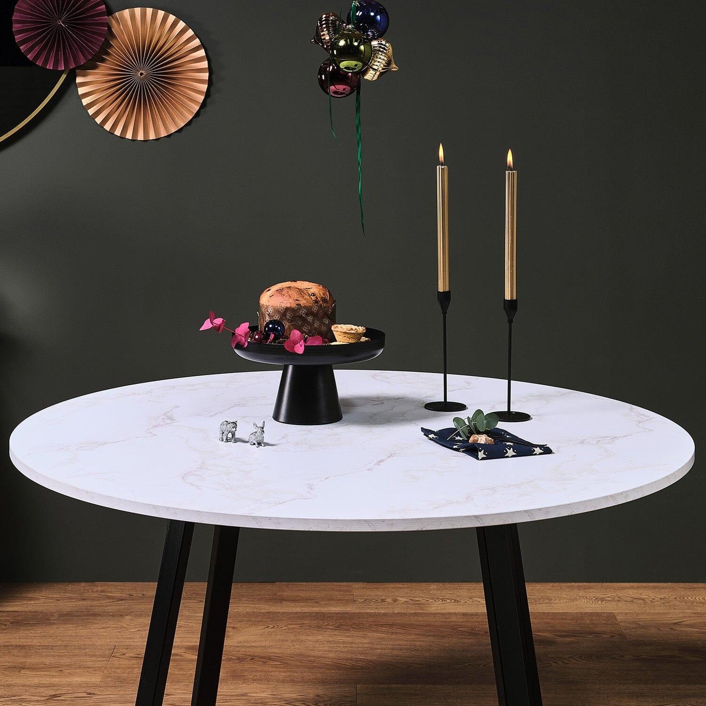 Clara Marble Top Round Dining Table with Black Legs