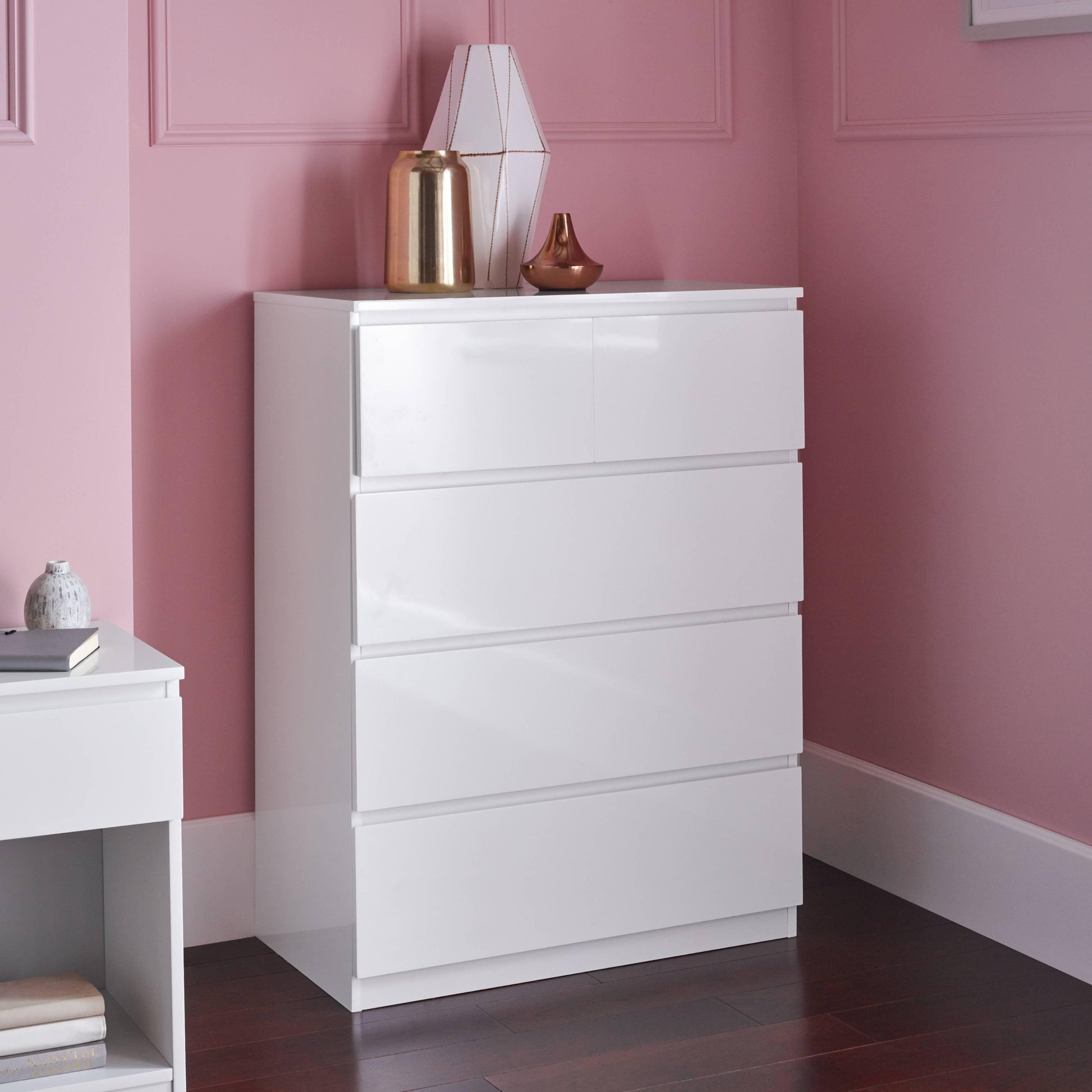 Clemmie high gloss 2 over 3 chest of drawers - white - Laura James