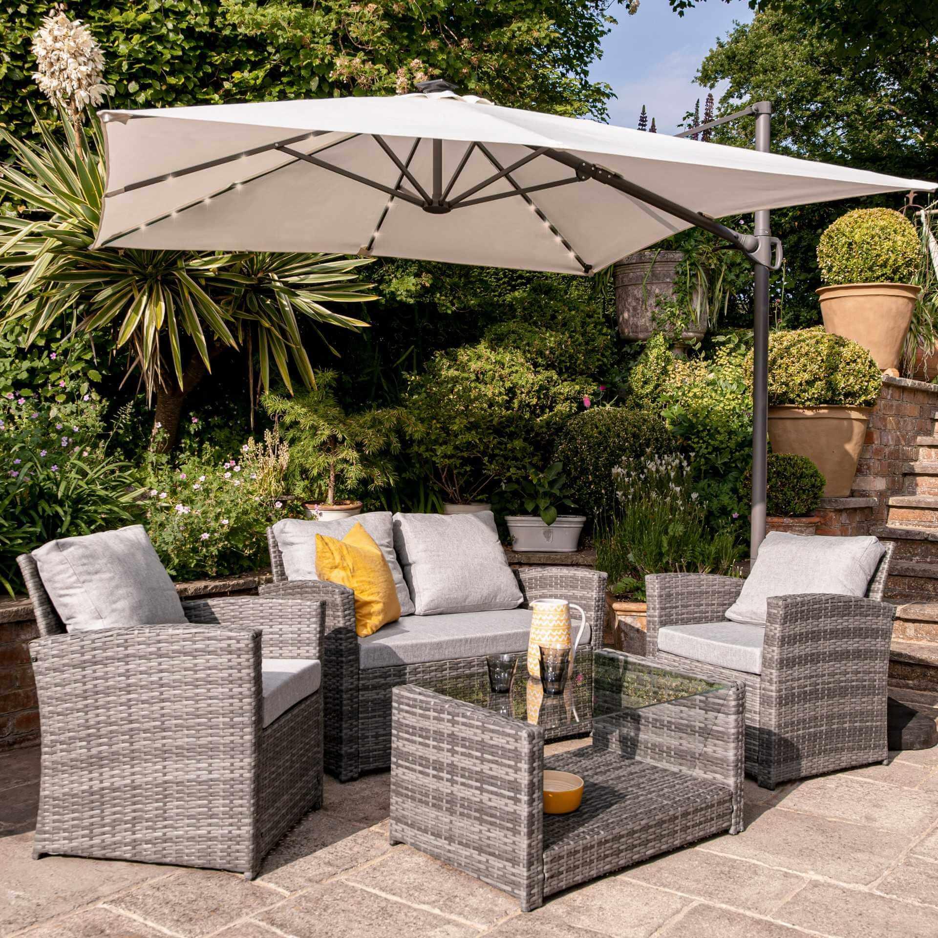 4 Seater Rattan Garden Sofa Set with Cantilever Parasol and Base - Grey Weave - Laura James