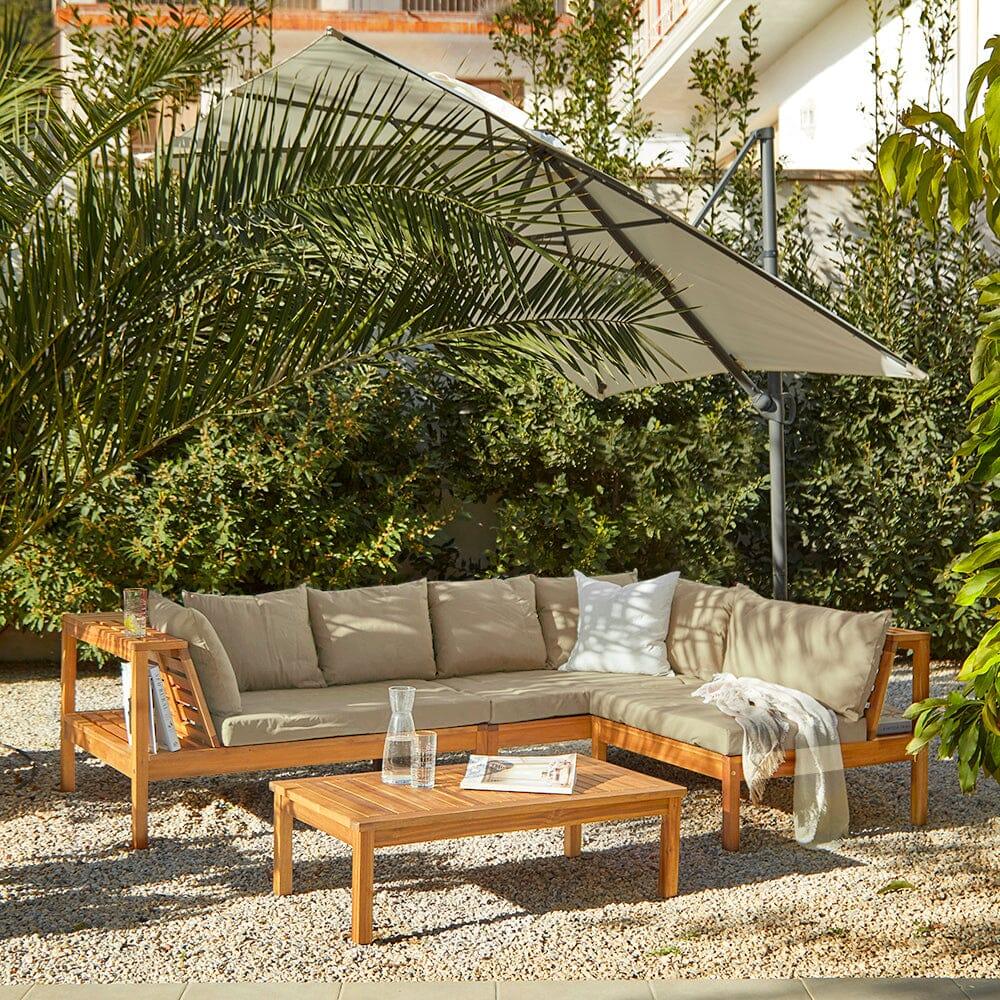 Dakota Wooden Garden Corner Sofa Set with Cream Parasol Natural Cush Laura James