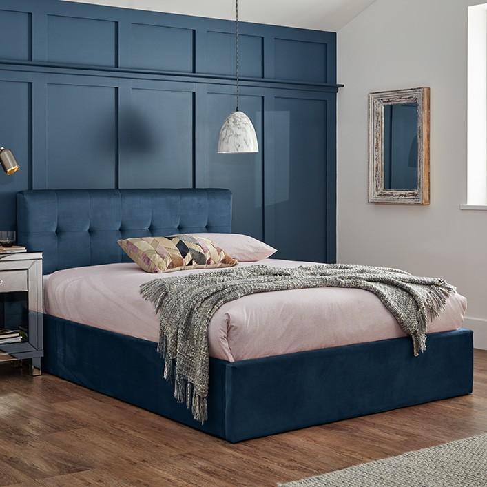 Blue Velvet double ottoman bed and mattress set - Laura James