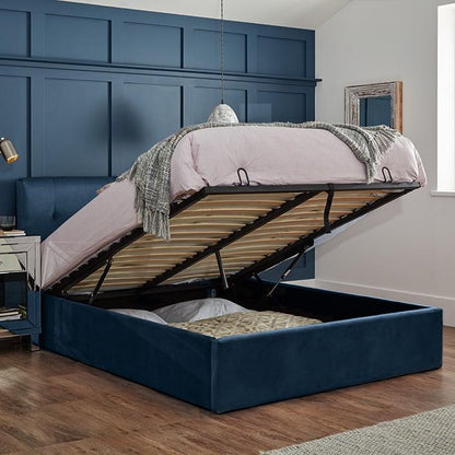 Blue Velvet double ottoman bed and mattress set - Laura James