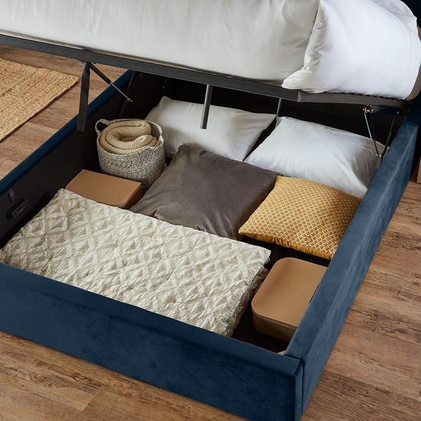 Blue Velvet double ottoman bed and mattress set - Laura James