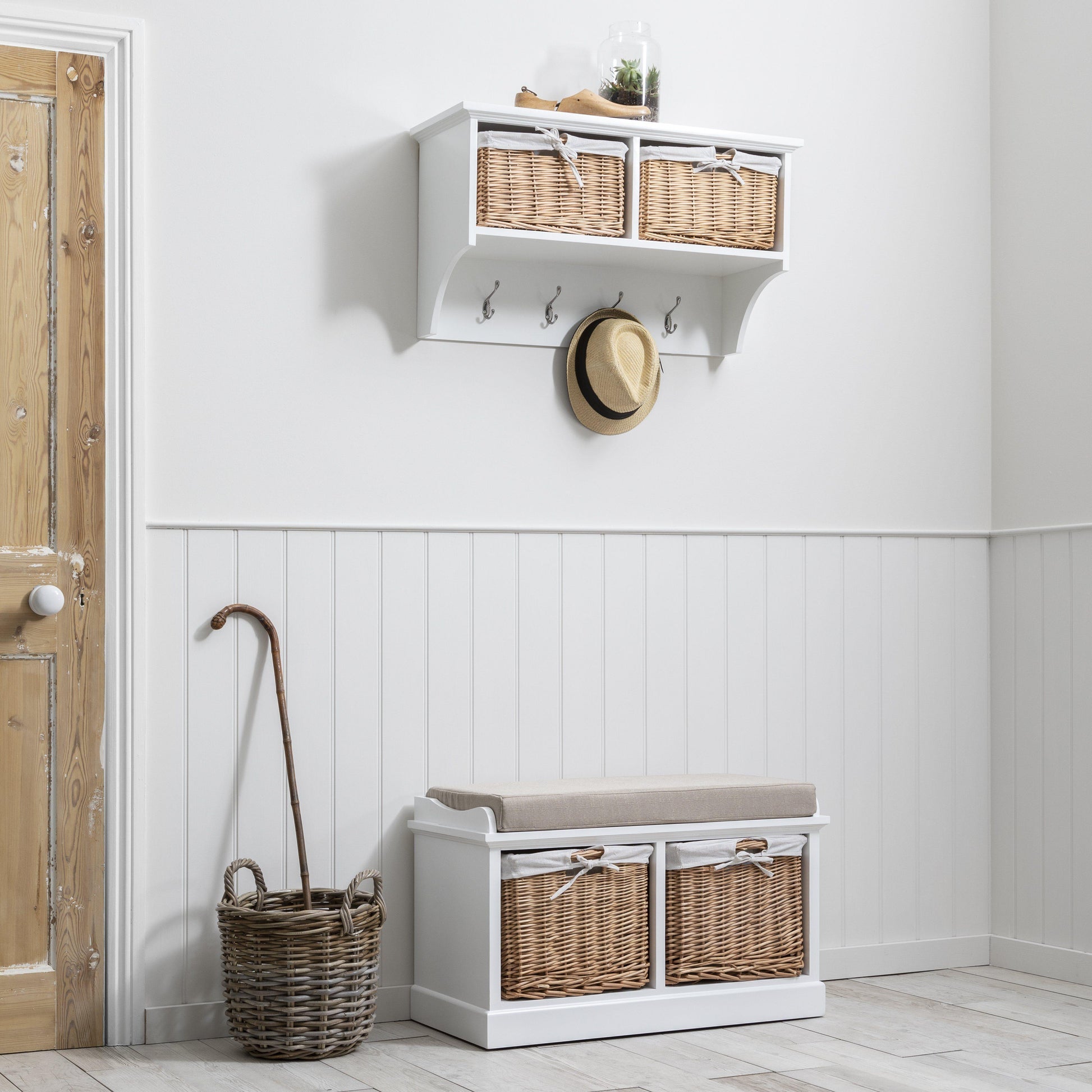 Fyfield White 2 Basket Coat Rack & Bench Set - Laura James