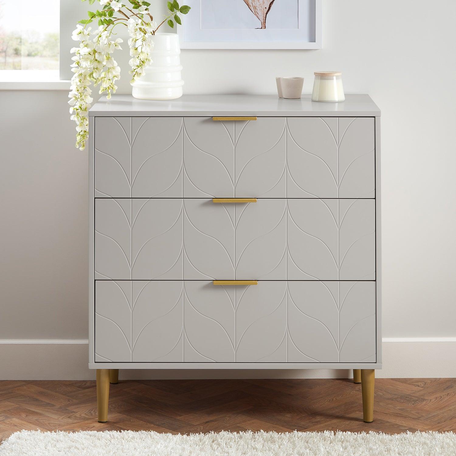 Gloria 3 Drawer Chest of Drawers- Grey & Brass Effect – Laura James