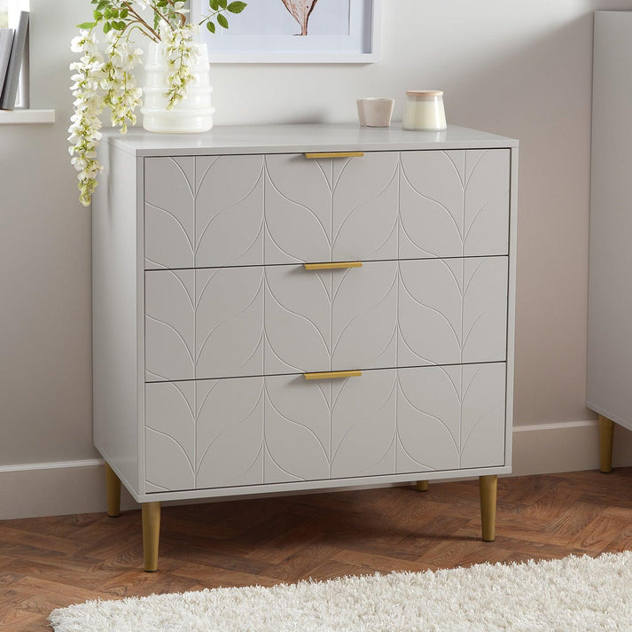 Gloria 3 Drawer Chest of Drawers- Grey & Brass Effect – Laura James