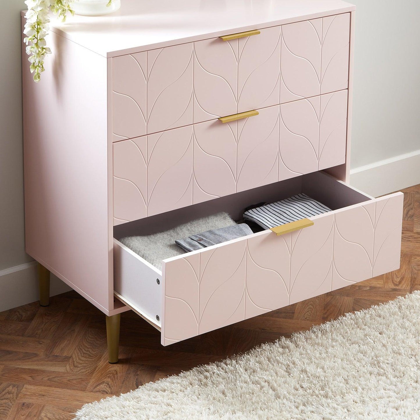 Gloria 3 piece bedroom furniture set - 3 drawer chest of drawers - pale pink - Laura James