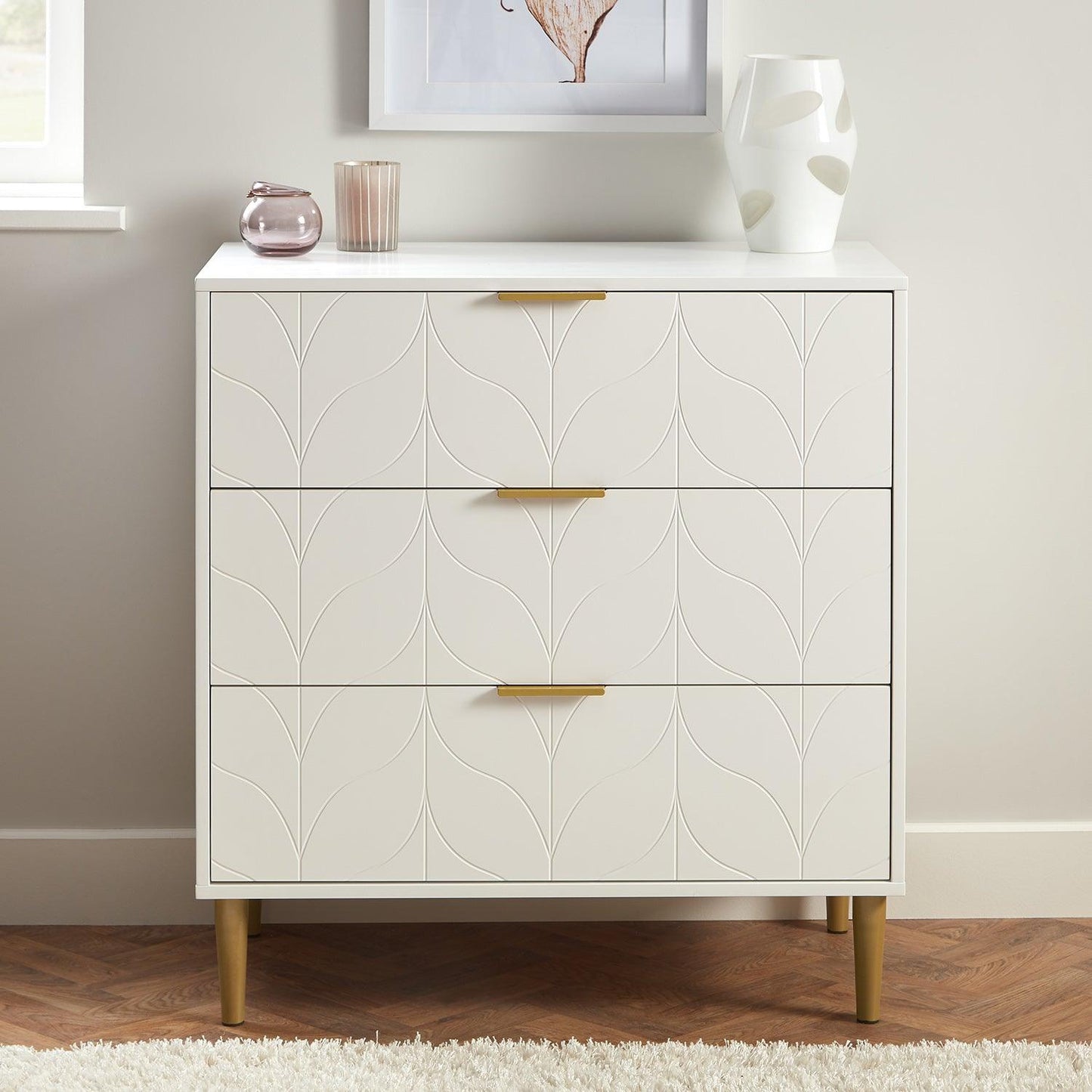 Gloria 4 piece bedroom furniture set - 3 drawer chest of drawers - white - Laura James