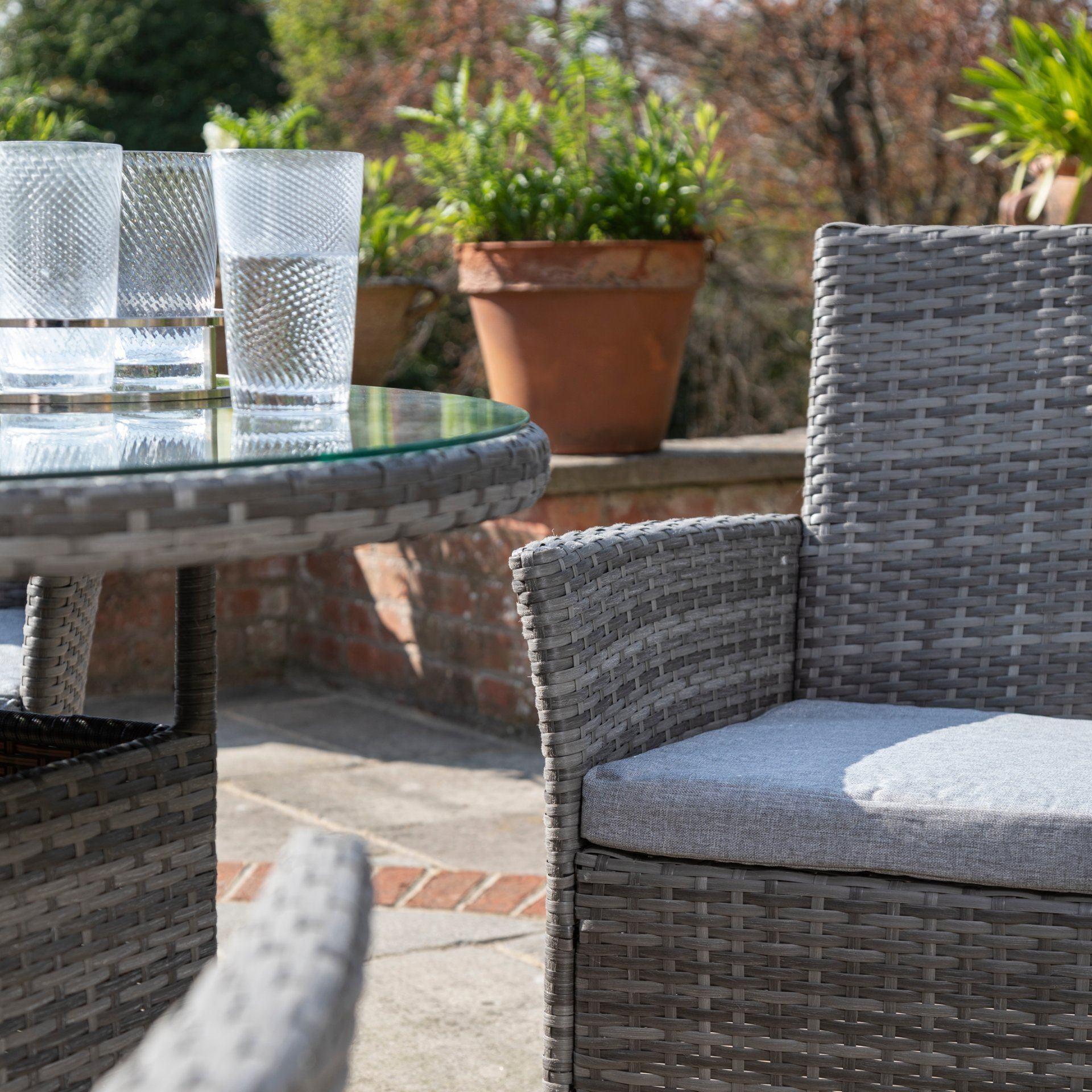 Kemble 4 Seater Rattan Round Dining Set in Grey with Parasol - Laura James