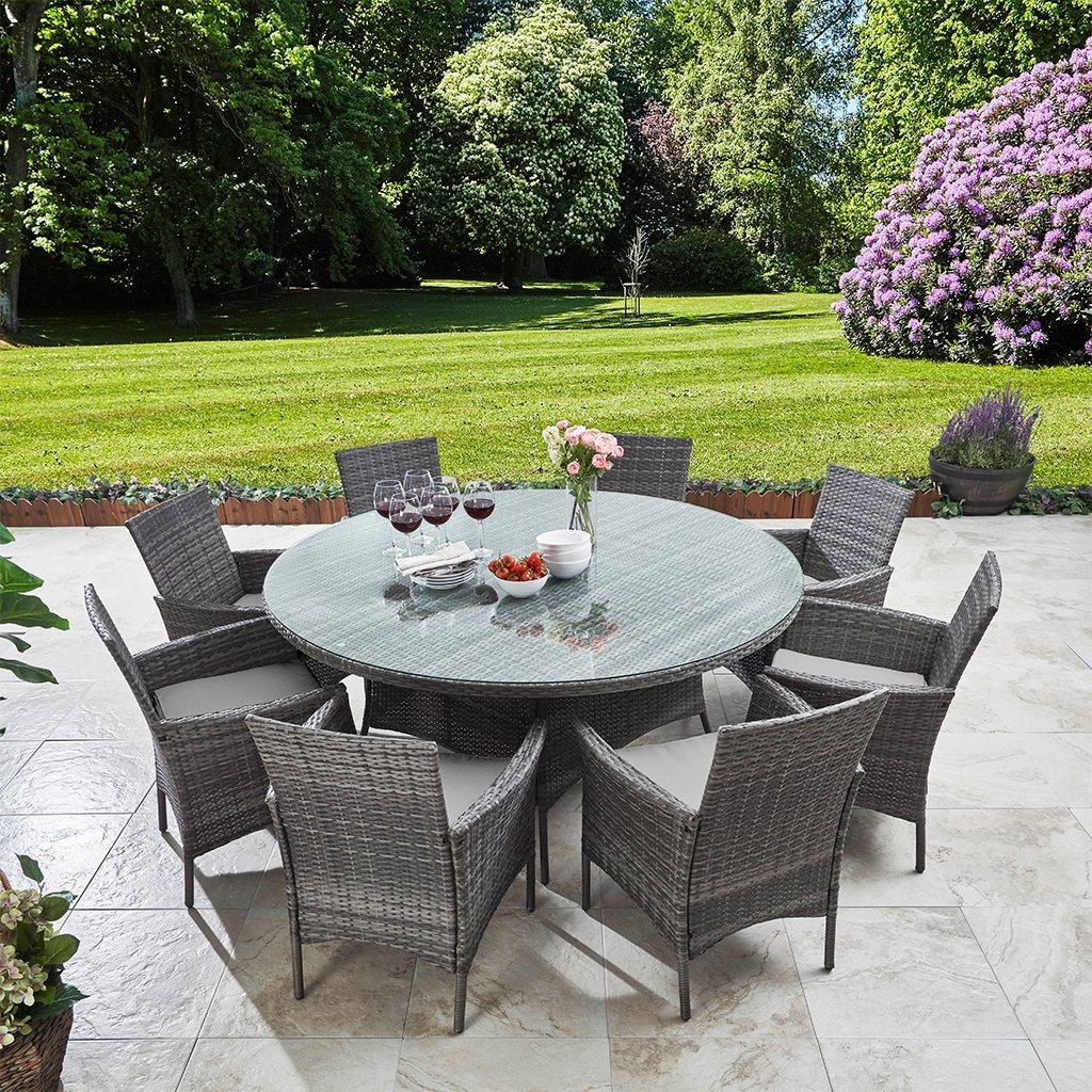 Kemble 8 Seater Rattan Round Garden Dining Set with Grey Parasol - Gre ...