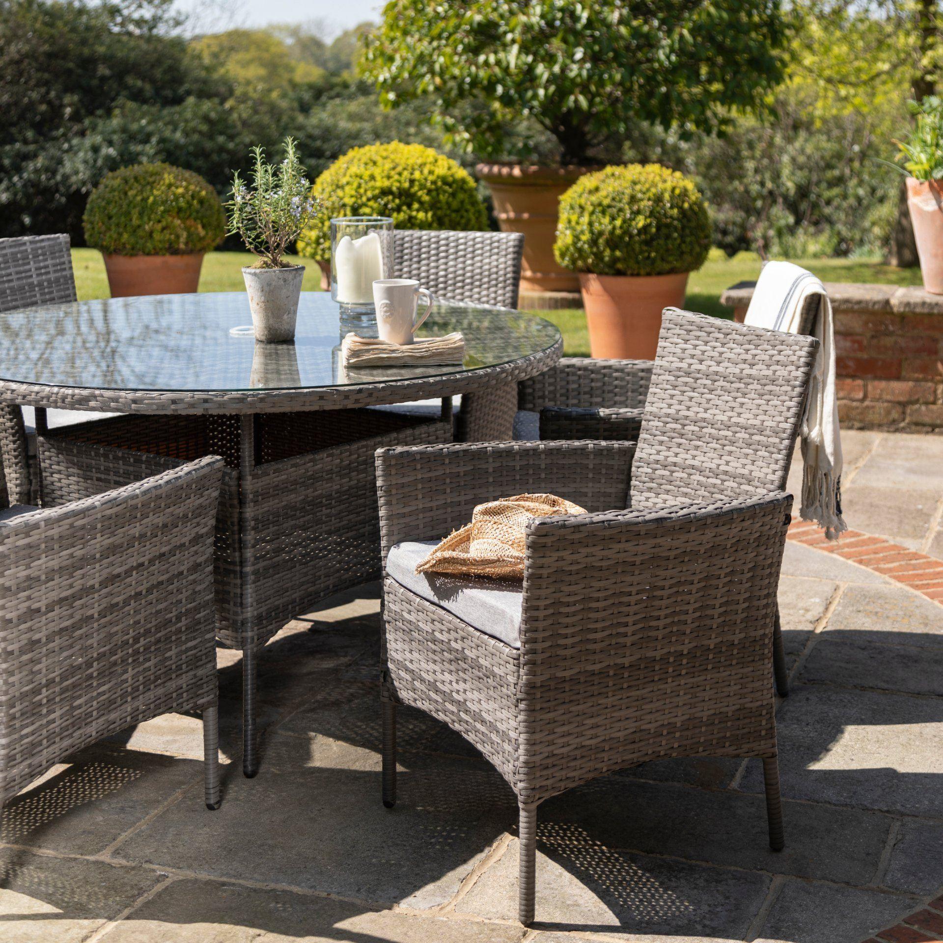 Kemble Grey 6 Seater Outdoor Round Dining Set with Grey Parasol - Laura James