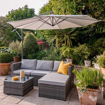 4 Seater Rattan Corner Sofa Set with Lean Over Parasol and Base - Grey Weave - Laura James